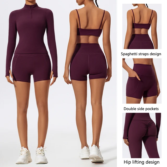 Hearuisavy Long Sleeve Workout Suit Sports Set Women Quick-Drying Gym Bra Set Women Short Tracksuit Running Workout Yoga Clothes