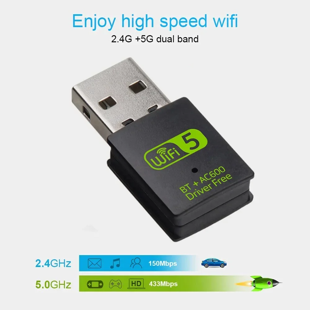 미니 무선 네트워크 외부 리시버, 600Mbps 와이파이 USB 블루투스 어댑터, 무료 드라이버, 2.4Ghz, 5Ghz, RTL8821CU