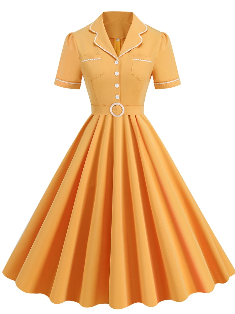 

Hepburn Style Vintage Patchwork Women's Elegant Dress Retro Contrasting Colors Lace Pocket Commuter Large Hem Mid Length Dresses