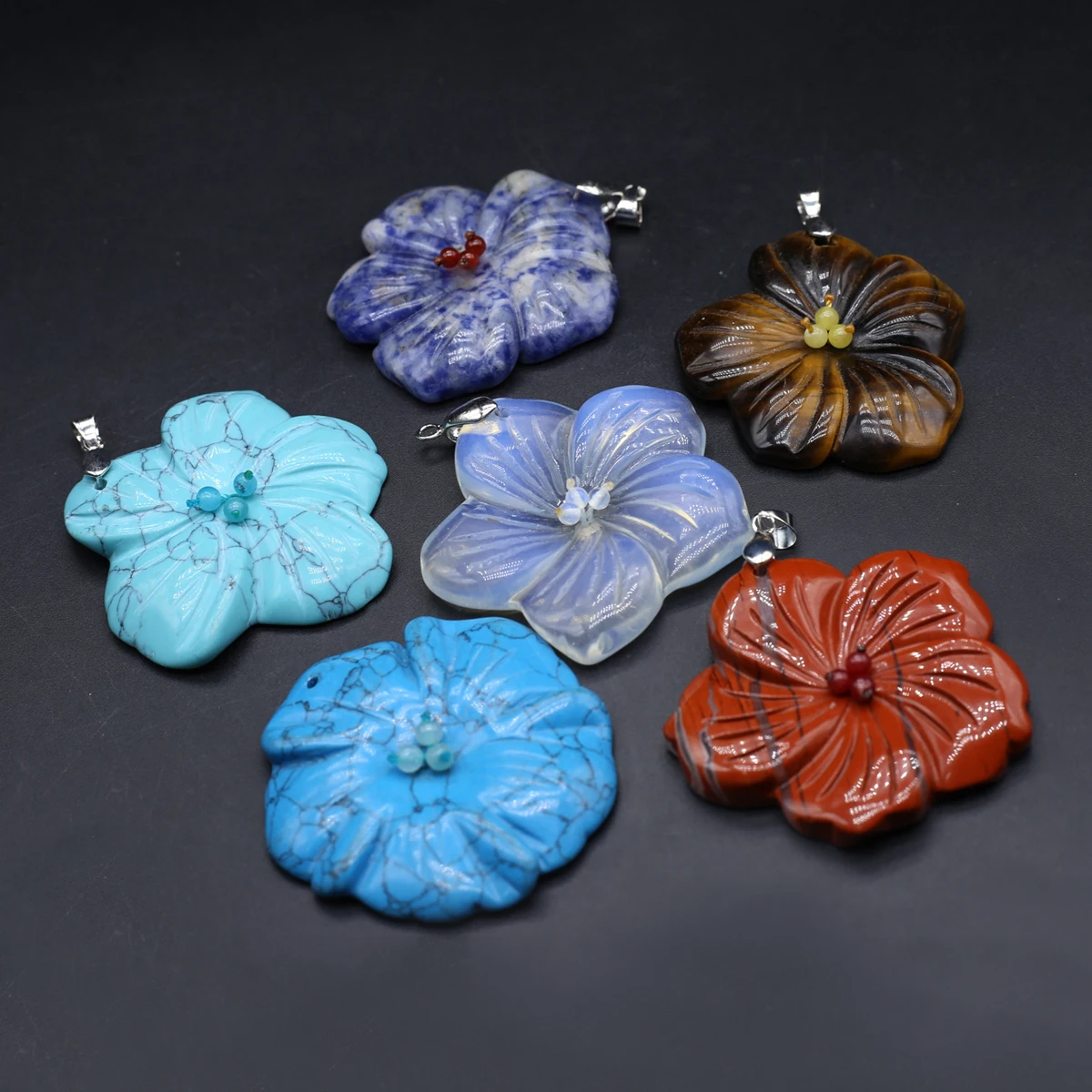 5PCS Wholesale Natural Semiprecious Stone Random Color Five petal Flower Shape Pendant Jewelry Making DIY Necklace Accessories