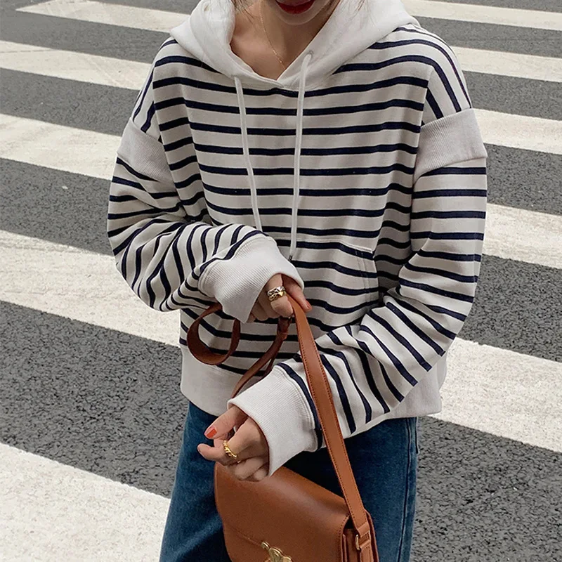 

Spring Autumn Striped Hoodies Women Fashion Long Sleeve Hoodie Sweatshirt Hooded Lazy Round Neck Loose Sprot Korean Sweatshirt