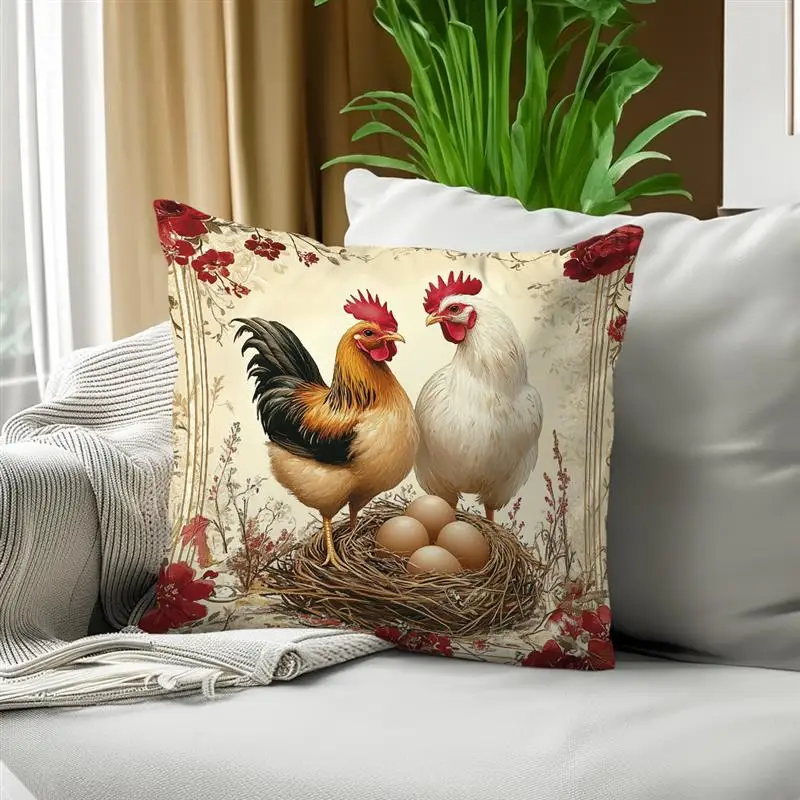 Gumuslen Retro Rooster Chicken Pillow Covers – 18x18 Inch Square Decorative Throw Pillow Covers For Farmhouse Decor