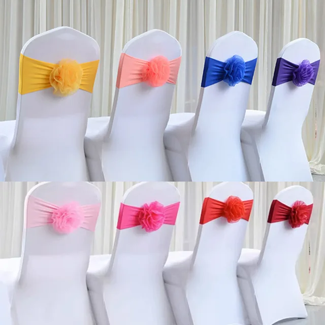 20pcs Elastic Stretch Chair Bow Band Organza Sash Knot Spandex Banquet Wedding Chair Flower Tie Event Birthday Party Decoration