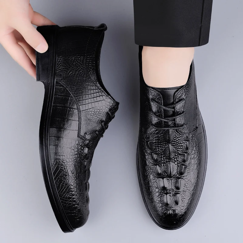 

High-end Men’s Dress Shoes Slip on PU Leather Shoes Shark Pattern Plus Size Point Toe Business Casual Oxford Shoes for Wedding