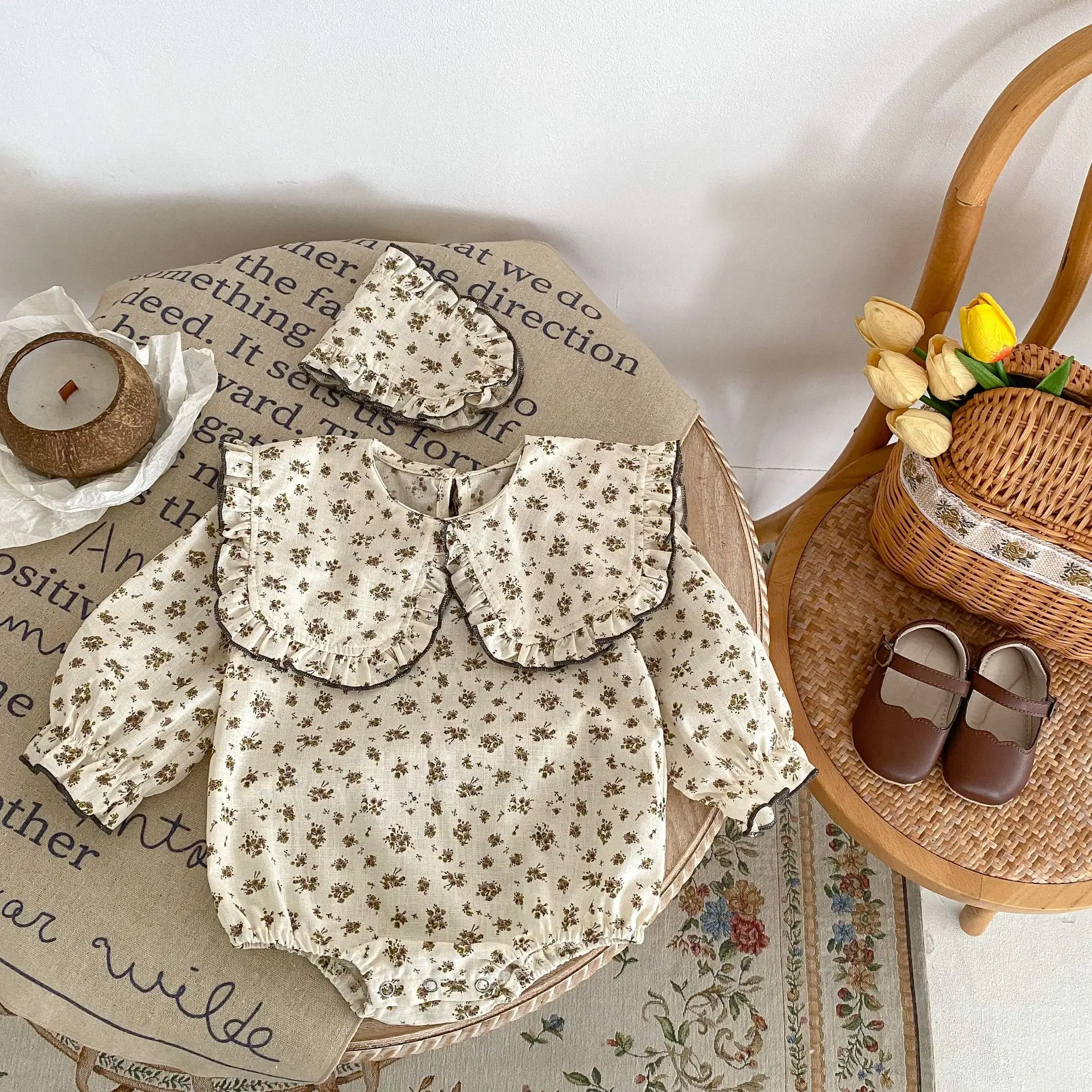 

Baby Clothes 2023 Autumn New Infant Girls Long Sleeve Floral Bodysuit Toddler Big Lapel One Piece Cotton Jumpsuit