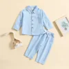 2PCS Blue Shirt Set for Kids Summer Long Trouser Vacation Children Clothing Set Casual Single Breasted Beach Wear Boys Top+Pants