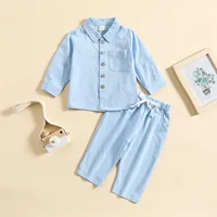 2PCS Blue Shirt Set for Kids Summer Long Trouser Vacation Children Clothing Set Casual Single Breasted Beach Wear Boys Top+Pants