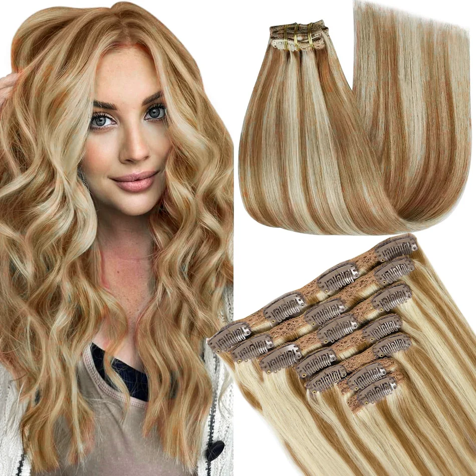 

Piano Seamless Clip in Hair Extensions Real Human Hair Remy Seamless Hair Extensions Blonde PU Clip in Extensions