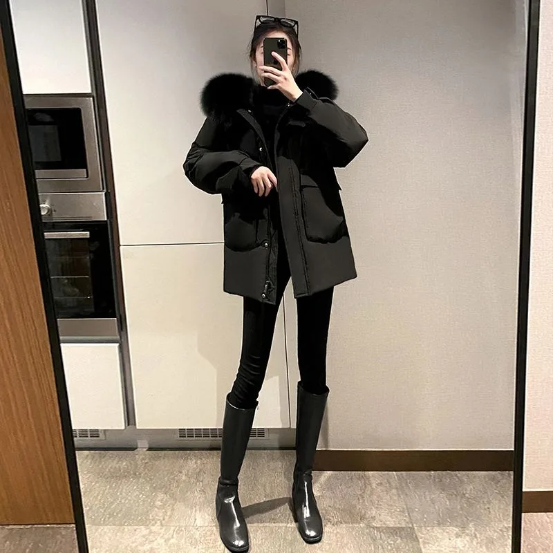 2023 New Women Down Jacket Winter Coat Female Warm Thick Parkas Fashion Short Size Outwear Artificial Fur Collar Hooded Overcoat