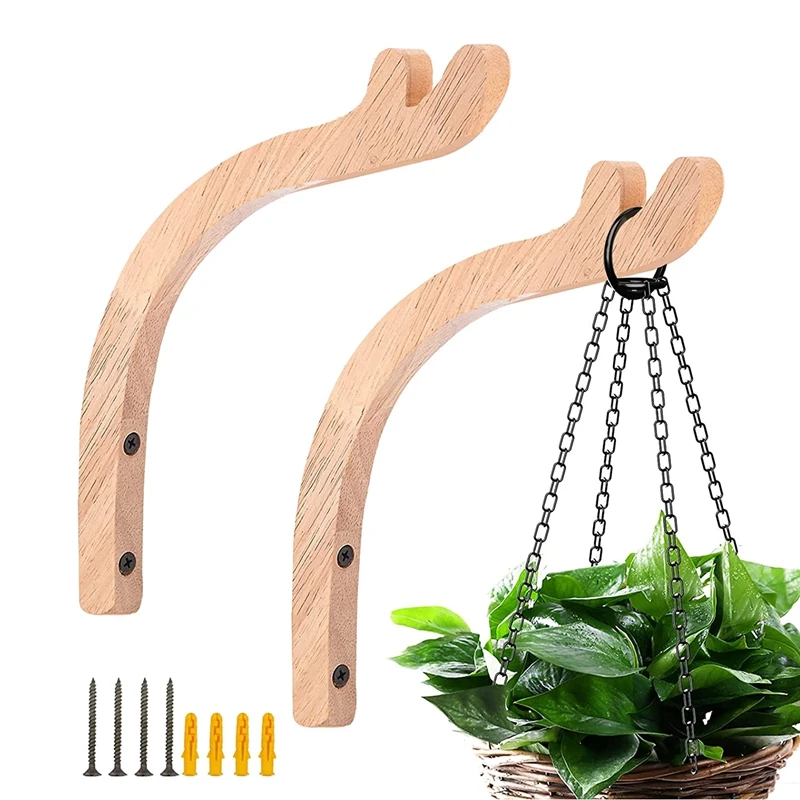 2 Pack Plant Hooks For Hanging Baskets,Wooden Plant Wall Hanger Indoor &  Outdoor,Wall Hooks For Hanging Plants