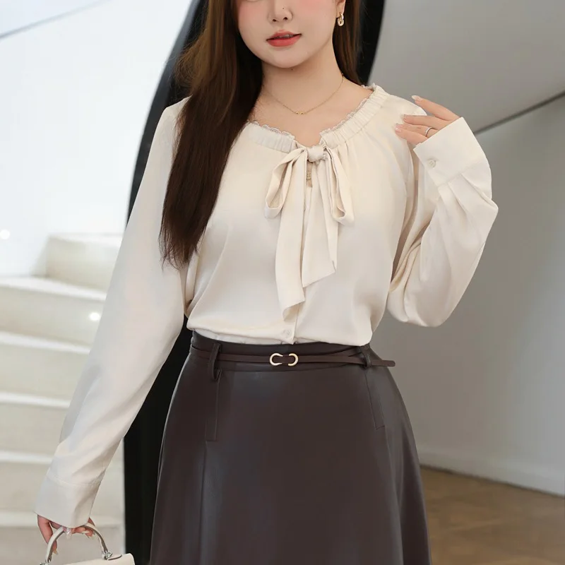 Plus Size Women Shirt Premium high-end Lace V-neck Bow Bandage Long Sleeve Satin Blouses Elegant Stylish Commuter Autumn 2025