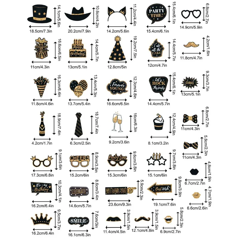 2025 Happy New Year Black Gold Black Silver Paper Handheld Party Photography Supplies Decorations Photobooth Selfie Prop 36PCS