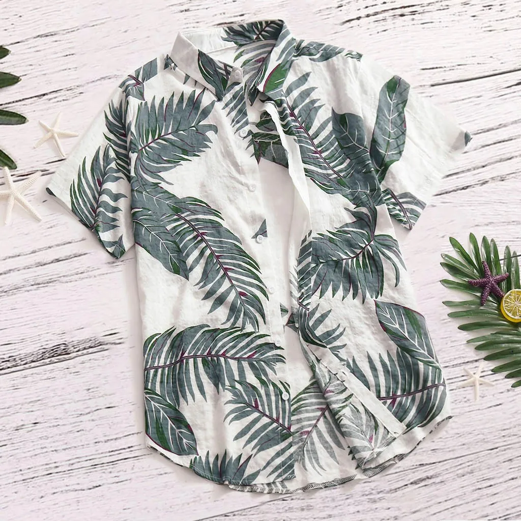 Men'S Hawaiian Casual Shirts Stylish Tropical Plant Print Short Sleeve Shirts Loose Lapel Button Blouse Summer Aloha Beachwear