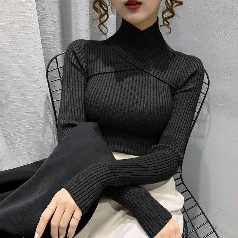 Woman Orange Yellow Green Blue Purple Sweater T Shirt Long sleeved Blouse Women High Neck Knitted Shirt Womens Blouses Elegant