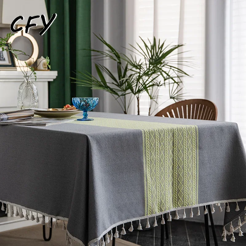 Cotton Linen Nordic Geometry Rectangular Table Cloth Vintage Ruffle Edge Tea Table Cover Cloth Table Cover for Christmas