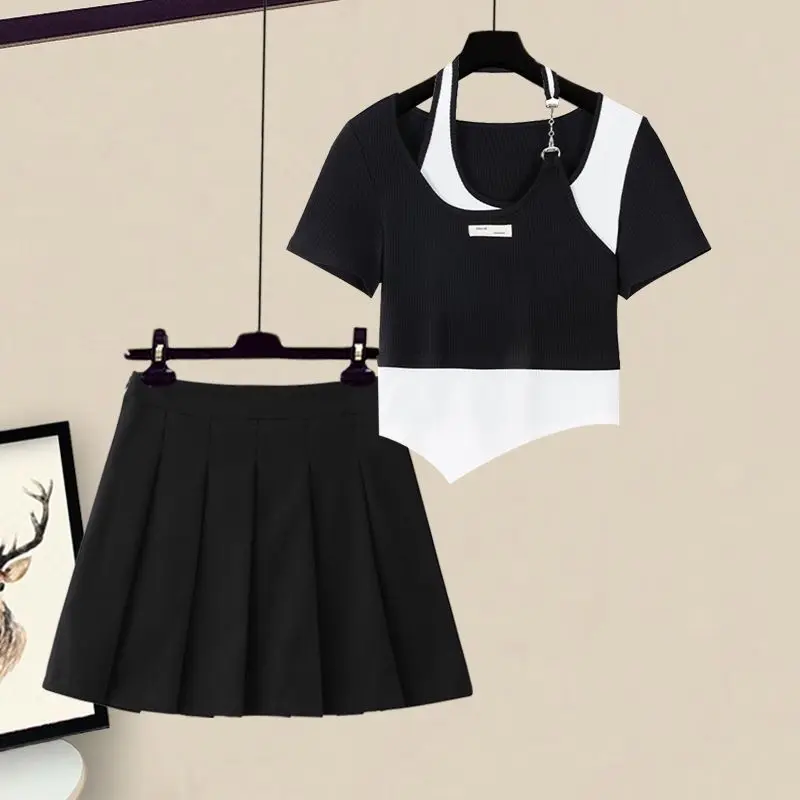 Summer Spicy Girl Fake Two Piece Irregular Short Sleeved Top Women's Pleated Skirt Short Skirt Pure Desire Style Two Piece Set