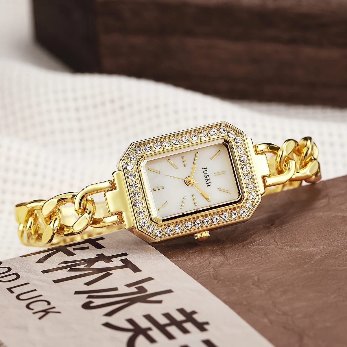 Ladies' high-value fashion bar scale square dial buckle shaped steel strip inlaid with diamonds outer shell quartz watch 5