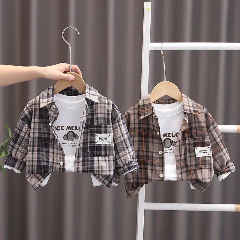 Spring Outfit Set for Boys And Girls Plaid Shirt Color Block Design Korean Style Baby Boys Spring Fashion Children's Clothing