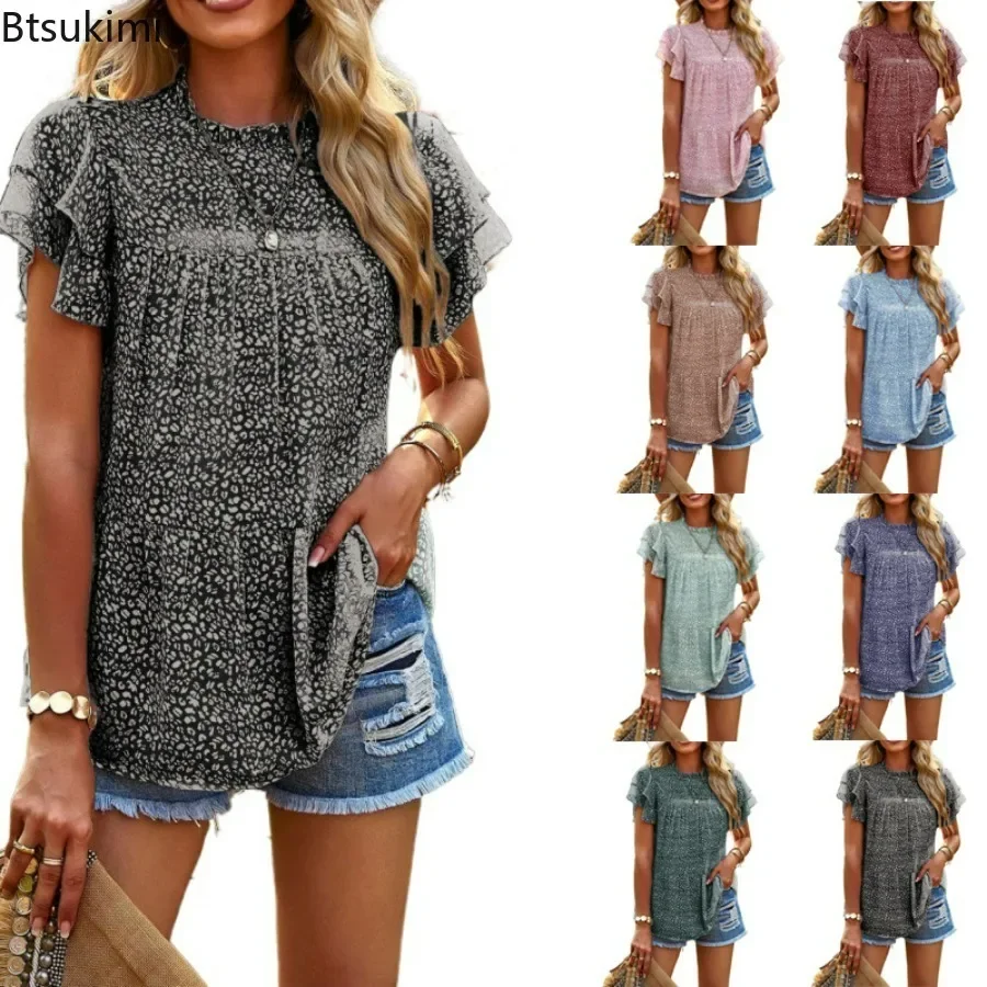 

2024 Women's Summer Clothing Fashion Print Ruffle Elegant Blouse O Neck Short Sleeve Loose Shirt Casual Chic Chiffon Tops Blusas