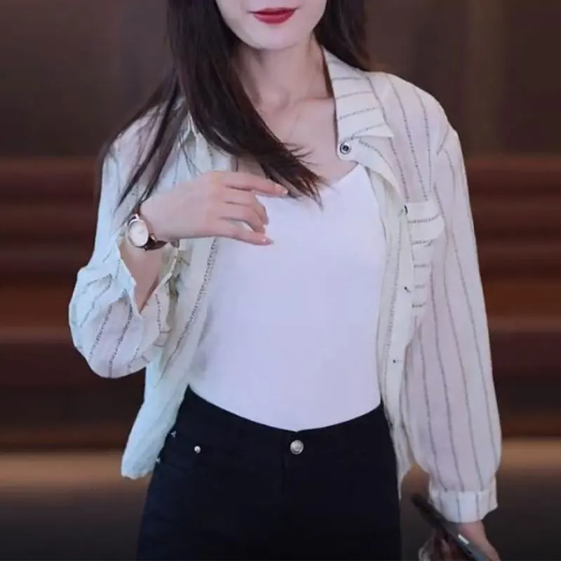 Commute Striped All-match Shirt Spring Summer Long Sleeve Women's Clothing Pockets Spliced Single-breasted Casual Lapel Blouse
