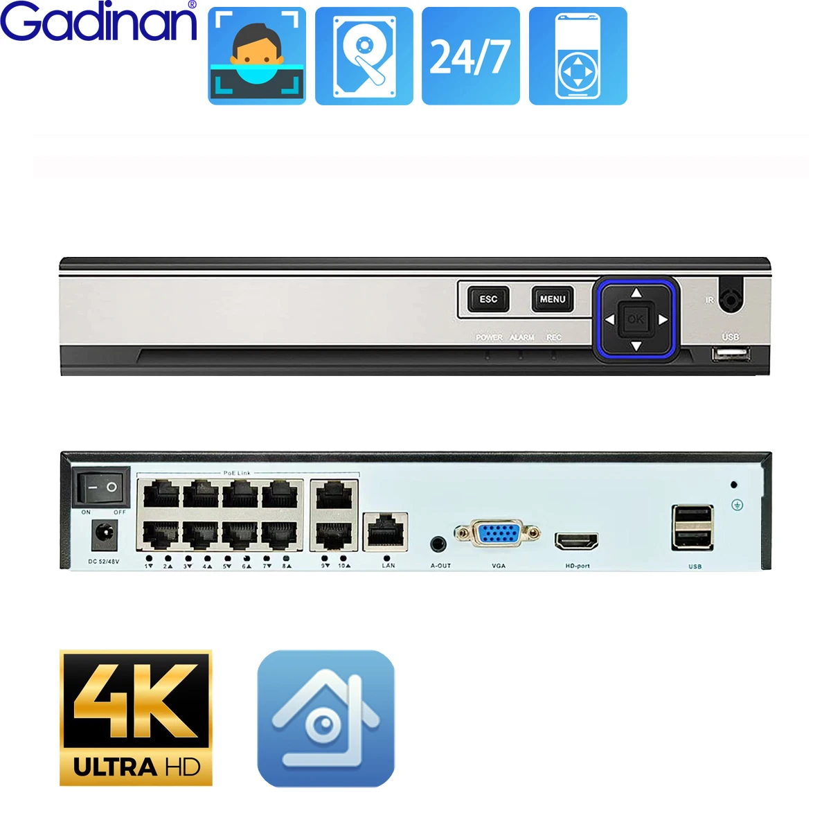 Gadinan 10CH/8CH/4CH 4K 8MP Face Detect H.265+ PoE NVR Video Recorder for Security CCTV System 24/7 Recording Network XMEYE