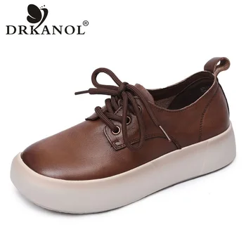 DRKANOL 여성용 정품 가죽 플랫 플랫폼 슈즈, 봄 레트로 라운드 토 경량 데일리 캐주얼 슈즈, Zapatos Mujer H10386