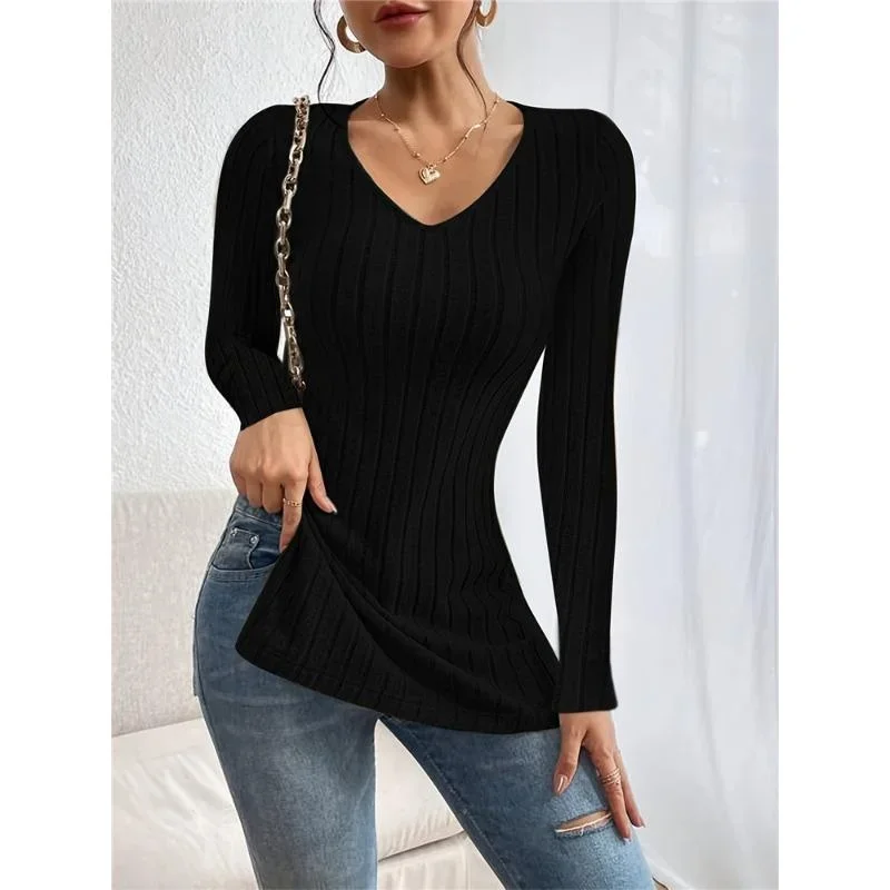 

Autumn and Winter Women's Solid Colour Big Size Tops V-Neck Long Sleeve Pit Stripe Milled Causal Loose Female T-Shirt