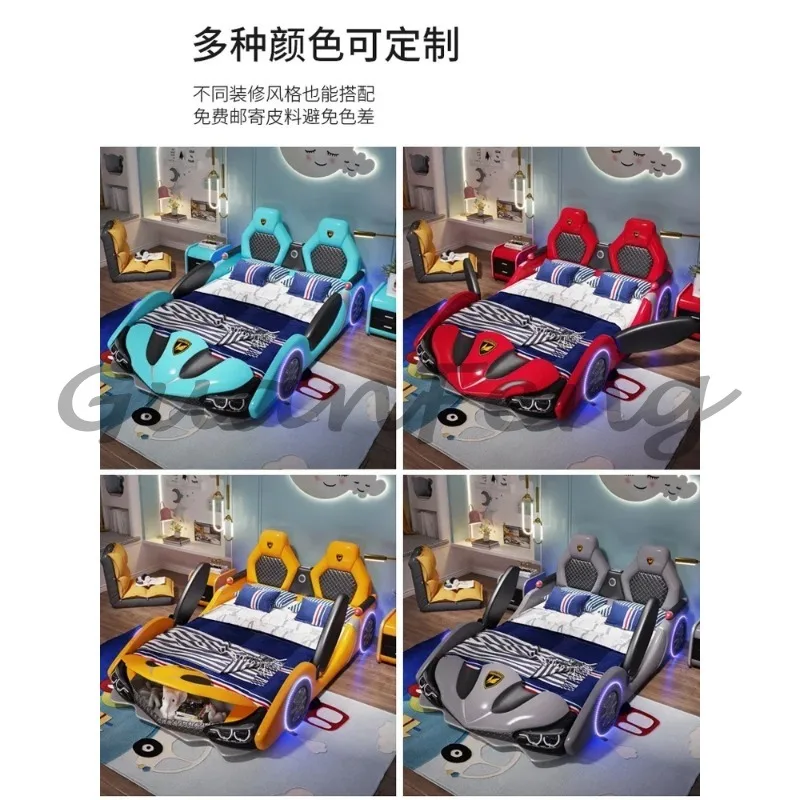 Children's Bed Boys and Girls 1.8m New Creative Cartoon Car Bed 1.5m Princess Leather Bed with Guardrail Blue 5