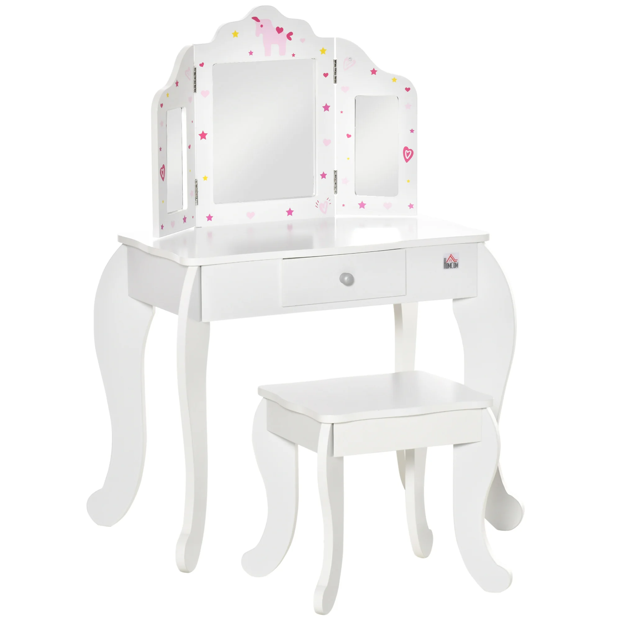 Homcom Coiffeuse en bois pour enfants avec tabouret, tiroir miroir, table de maquillage rose