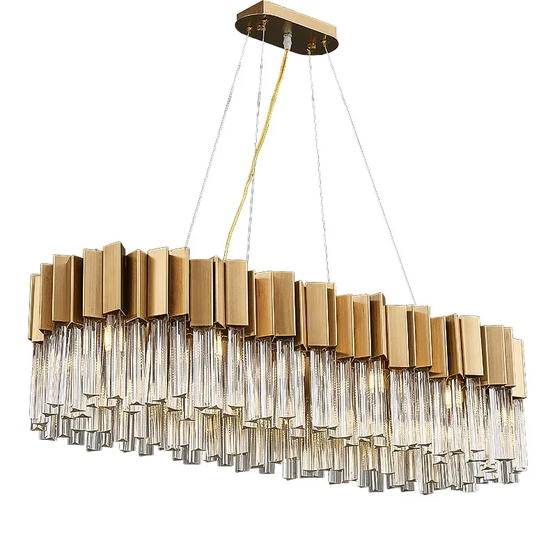 

Современная хрустальная люстра для столовой, Роскошный кухонный остров, прямоугольный потолочный светильник из матового золота, подвесные хрустальные лампы