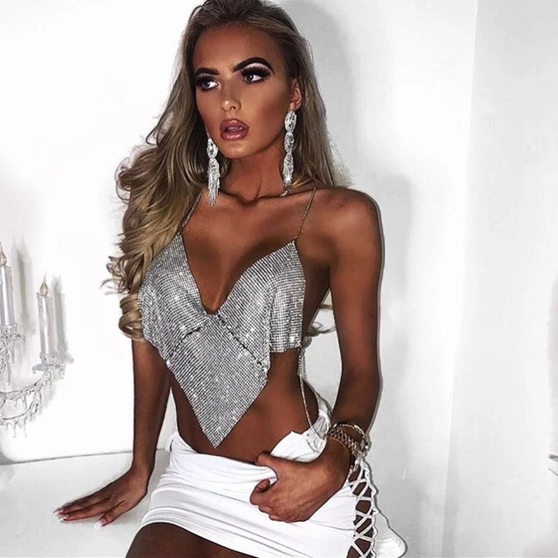 Женский топ с открытой спиной, V-образным вырезом и блестками