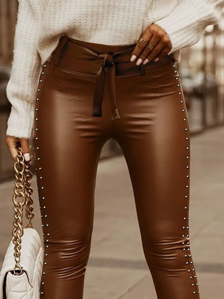 Metal Liu Ding Design Sense Slit PU Pant Fashion Casual Women's Solid Color High Waist Strap Tight Leather Pants