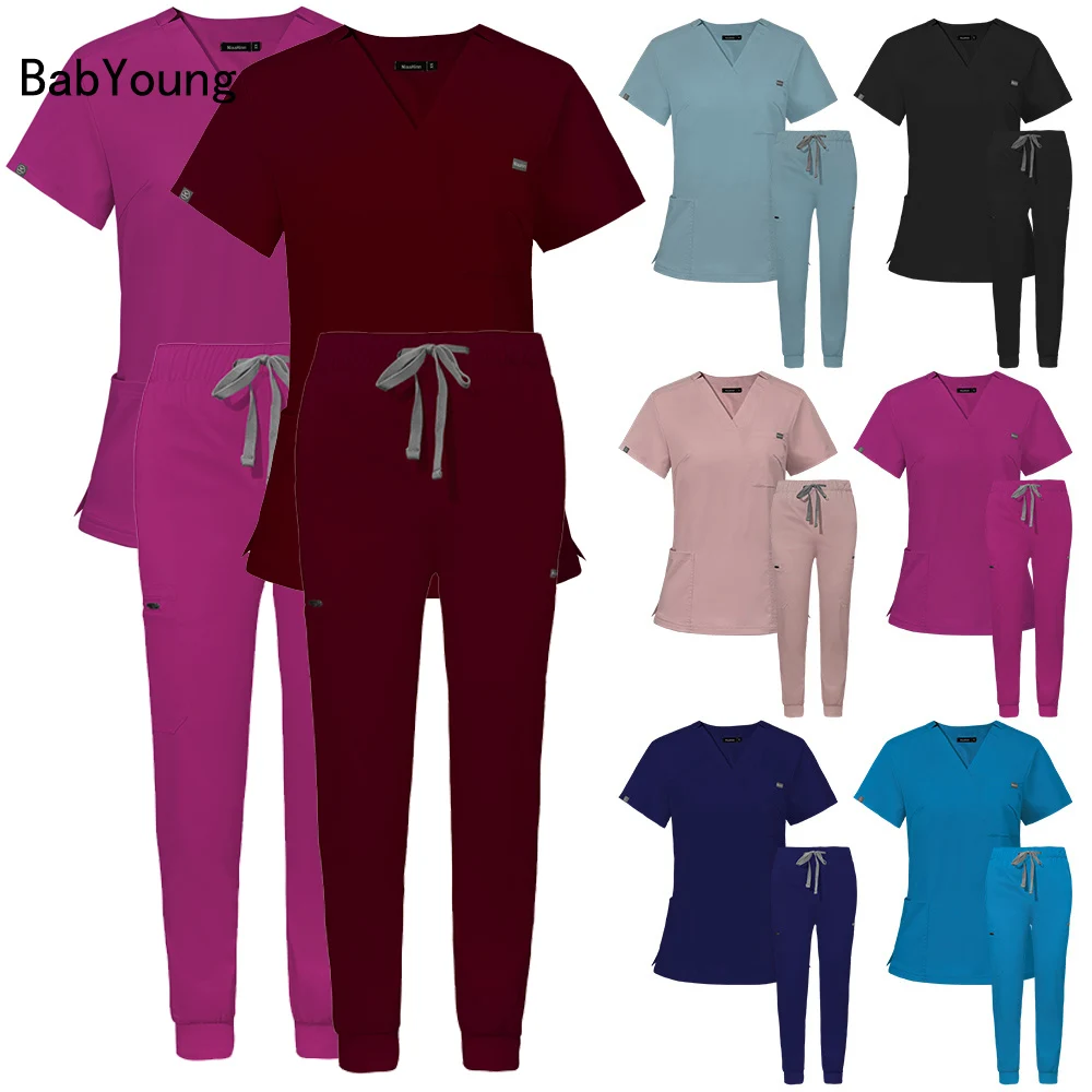 

Short Sleeve Scrubs Surgical Nursing Nurse Women V-Neck Pocket Workwear Dentist Medical Uniforms Men Clinic Scrub Suit