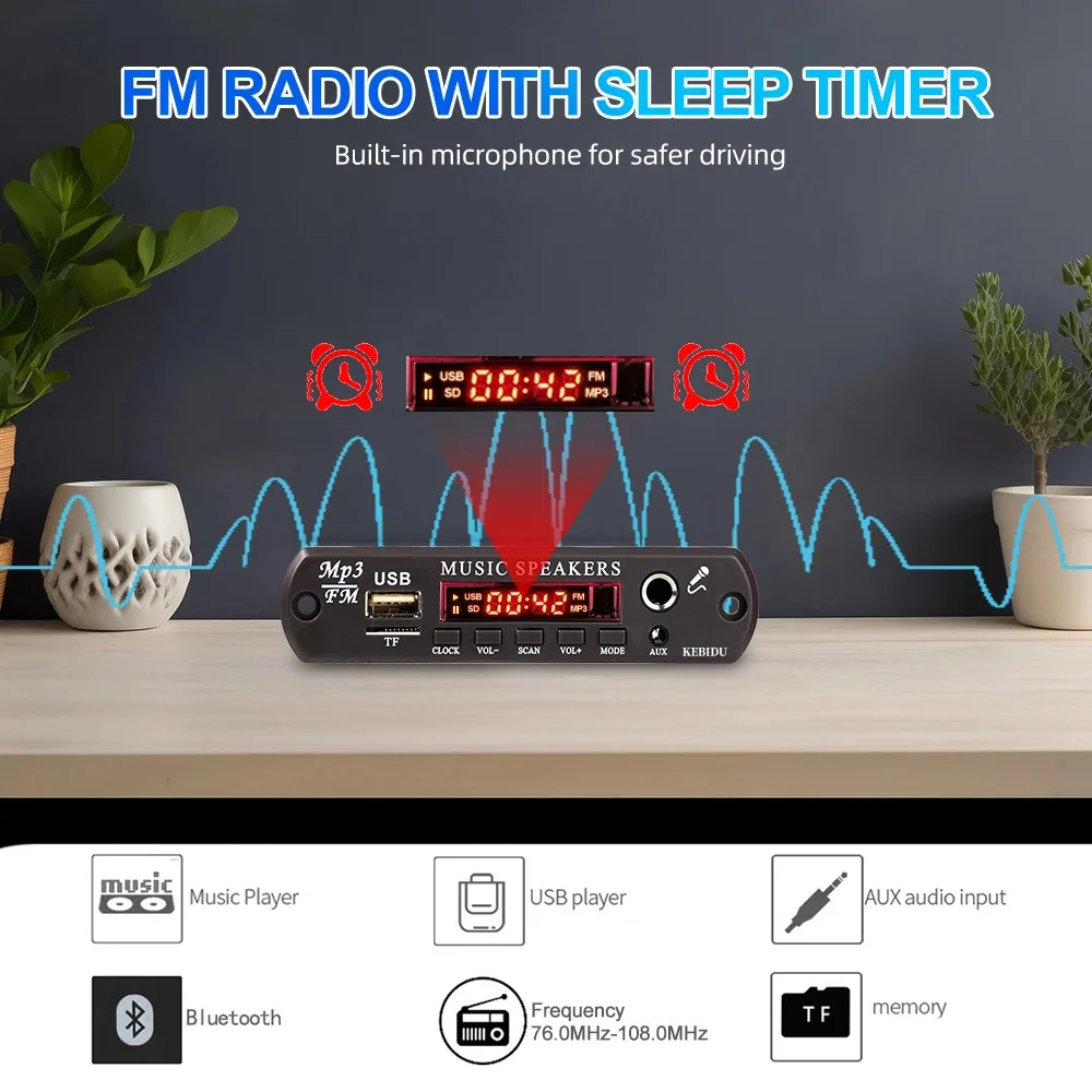 DC 12V 블루투스 5.3 MP3 WMA APE 디코더 보드 60W 앰프 시계 시간 표시 6.5MM 마이크 잭 USB TF FM 라디오 차량용 MP3 플레이어