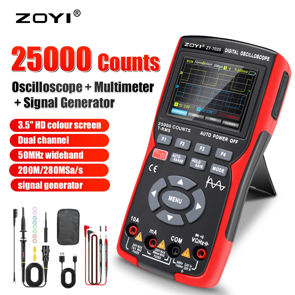 

ZOYI ZT703S 3in1 Digital Multimeter 50MHz Bandwidth 280MS Rate PC Waveform Data Storage Dual Oscilloscope Signal Generator