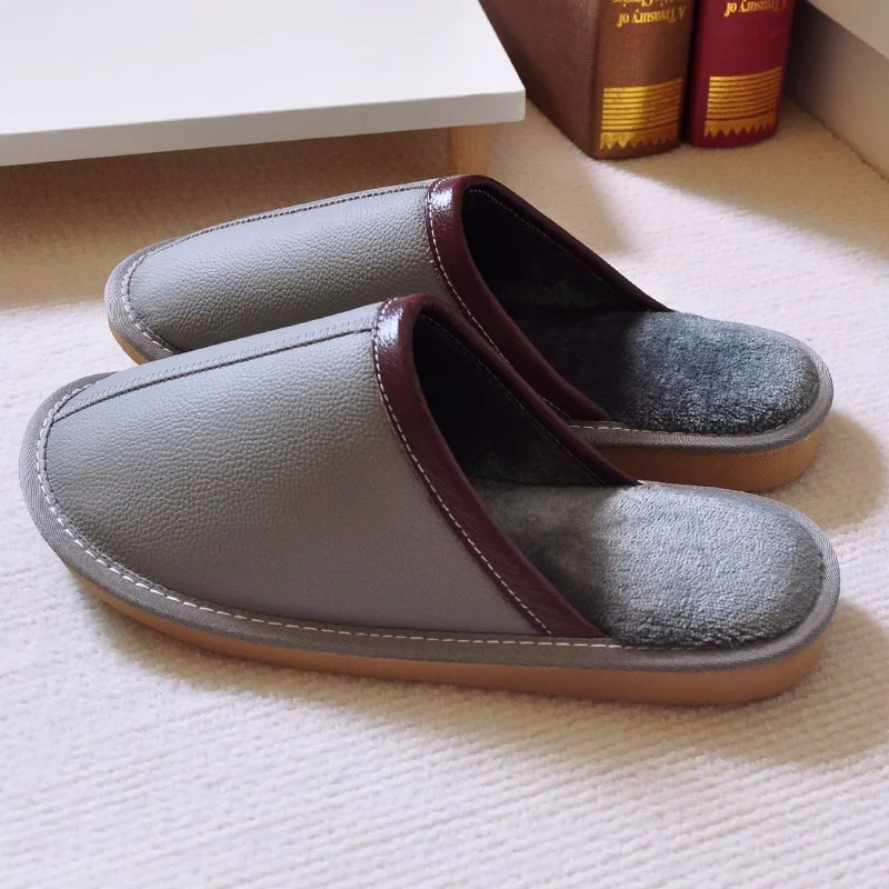 Genuine Leather Women's Indoor Slippers for Winter, Couple's Anti-Skip Warm Household Slippers, Men Casual Home Shoes