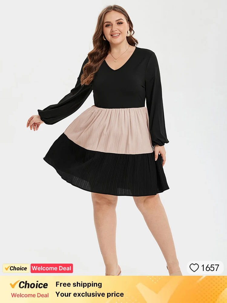 

Plus Sized Clothing Two Tone V-Neck Lantern Sleeve Ruffle Hem Midi Dress Patchwork Long Sleeve Spring Summer A-Line Flowly Dress