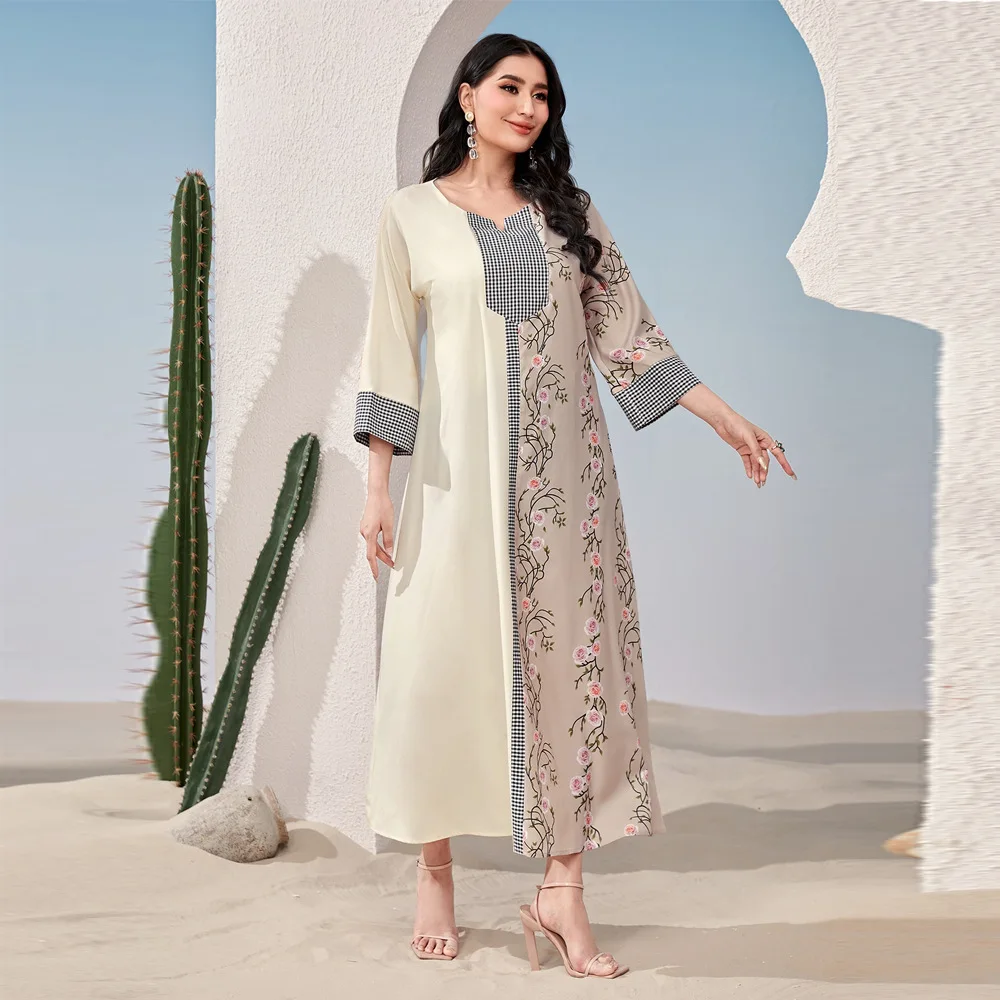 

Printed V-neck Dress Clothes for Muslim Women Patchwork Fashion Loose Muslim Abayas Female Islamic Clothes Vistidos Musulmana