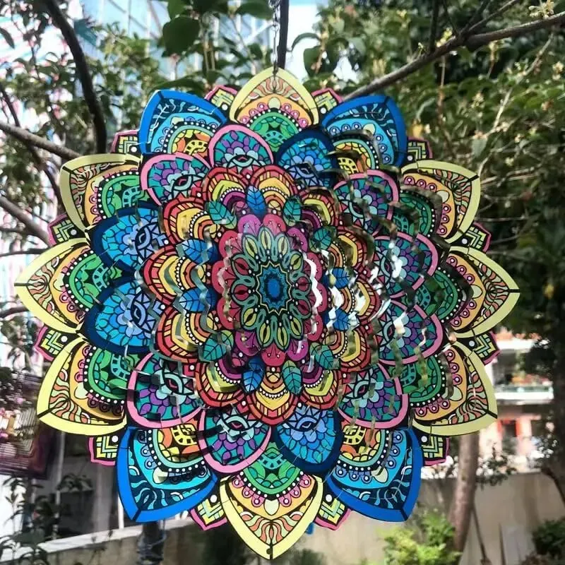 Wind chime 3D colorful wind spinning mandala 12 Inch foldable rotating garden metal chime peacock flower