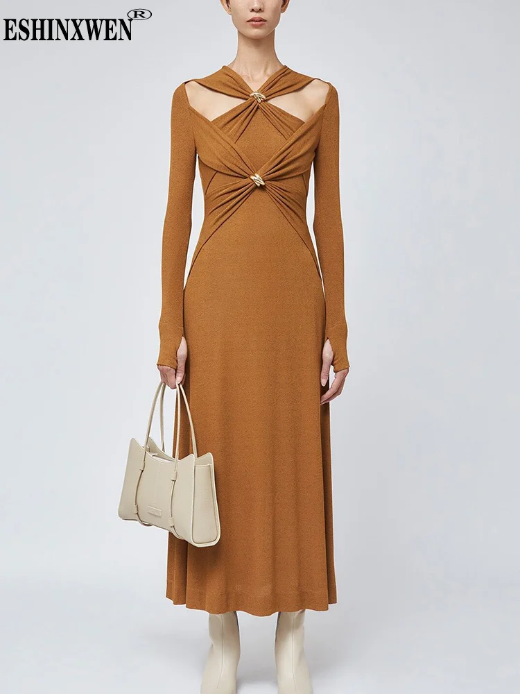 

Eshin Autumn 2023 New Women's Fashion Knitted Dress Cross Hollow Out Bright Line Waist Medium Strech Elegant Dresses TH4681
