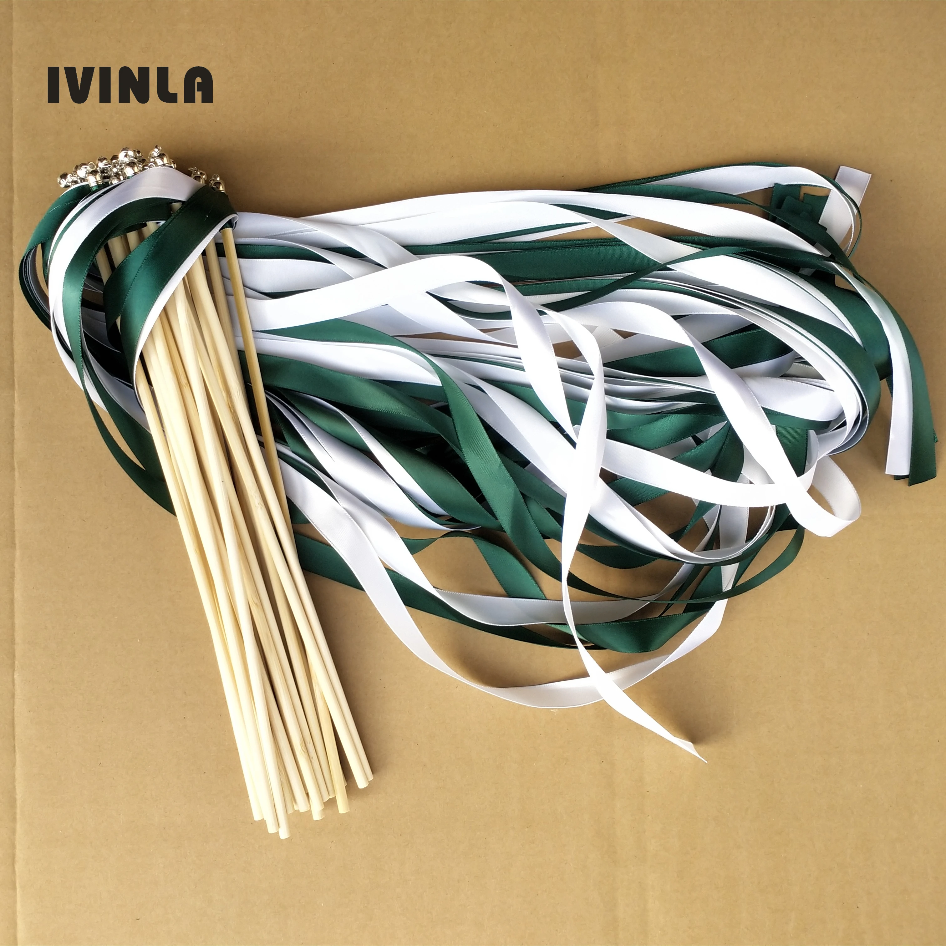 

50 Pcs/Lot Emeraid and White wedding ribbon wands with gold bell for wedding decoration
