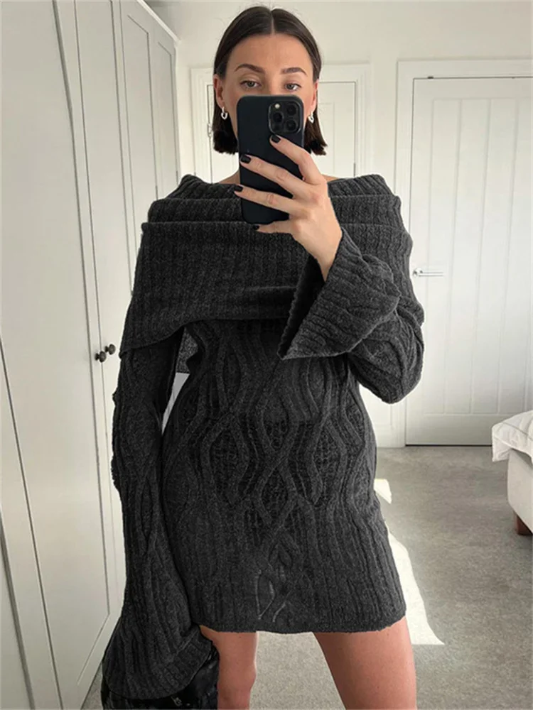 

Knitwear Sweater Mini Dress See-Through For Women High Waist Long Sleeve Fashion Loose Knit Dress Slim Elegant Dress 2024