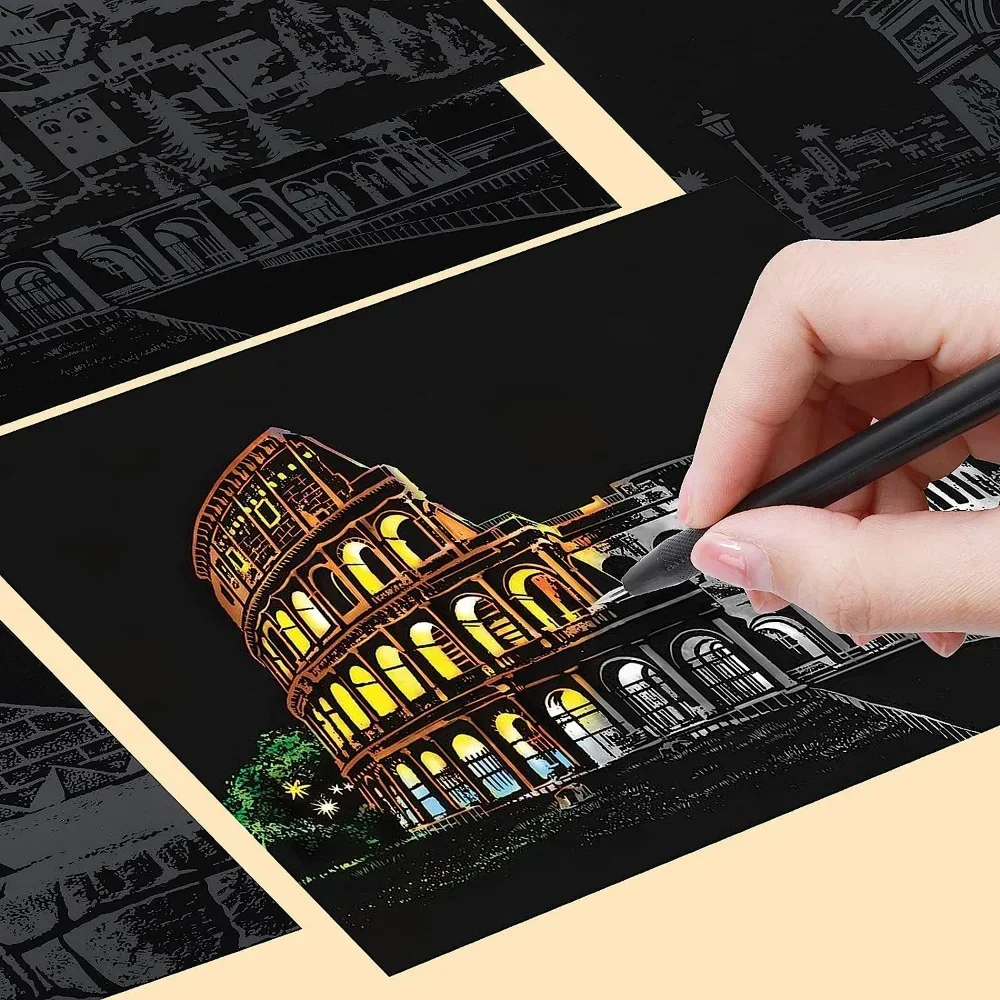4Pcs Children DIY Night Scene Art Scratch Painting City Building Landscape Kids Educational Toys Child Birthday Gift Room Decor 5