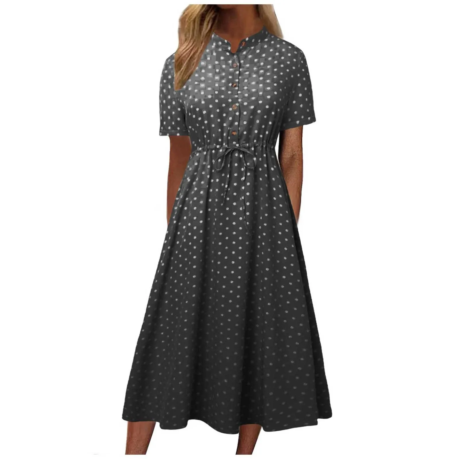 

Women's Fashion Polka Dot Dress Button Casual Versatile Shirt Swing Skirt Fit An Flare Dress