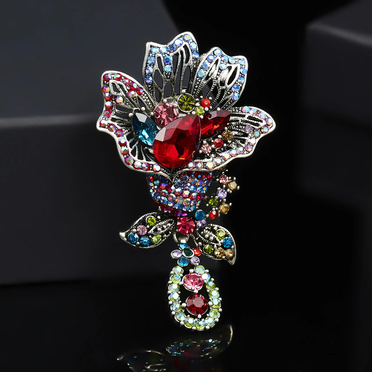 LAXPICOL Vintage Crystal Brooch Pin – Red Austrian Crystal Gold Tone For Women, Gift Box Included - View #2