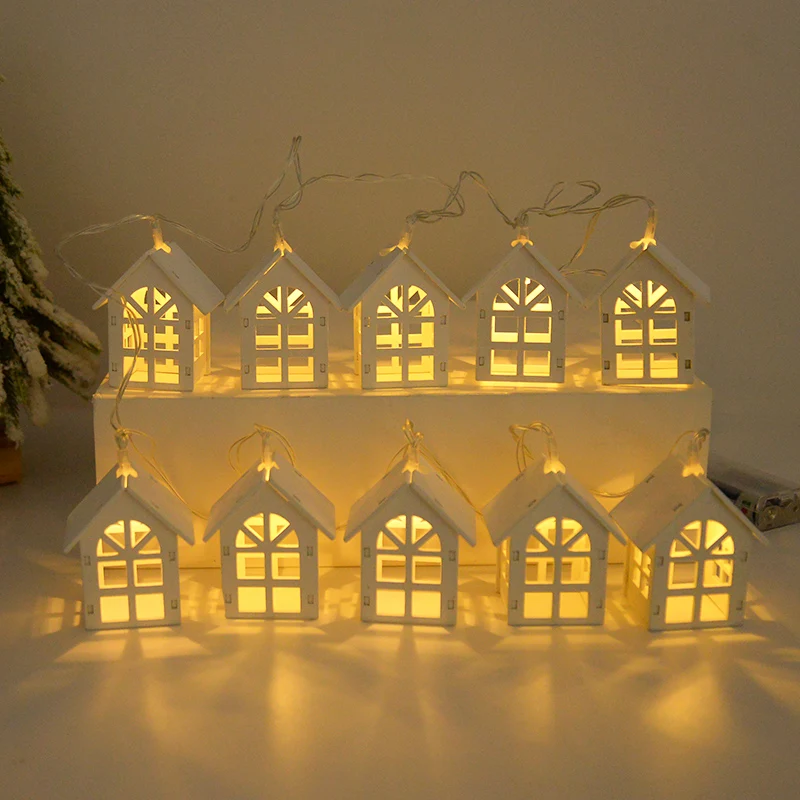 10LED Wood House Fairy Light String Hanging Garland Wedding Christmas Party Decor Navidad 2025 New Year Home Garden Decor Lamps