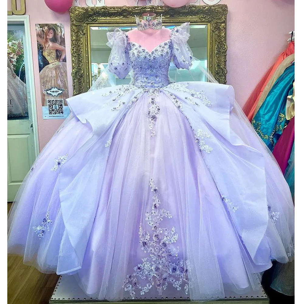 

Lilac Half Puff Sleeve Appliques Lace Quinceanera Dress Ball Gown With Cape Off The Shoulder Beading Ruffles Pageant Sweet 15