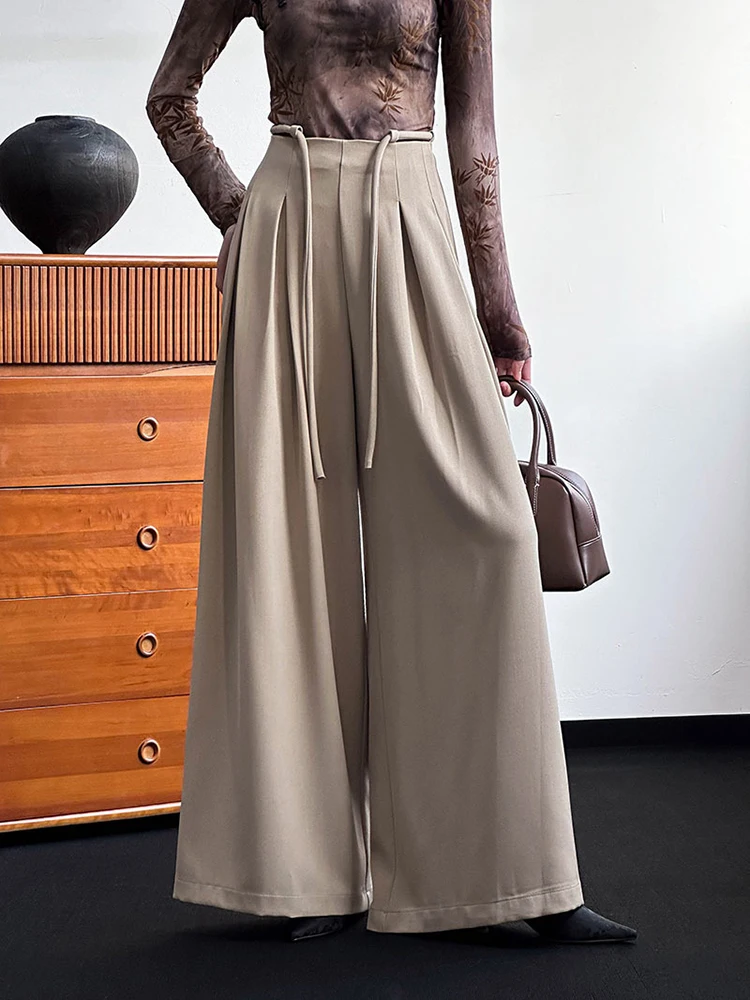 [LANMREM] Drawstring Pleated Pants For Women High Waist Wide Leg Suits Trousers Office Lady Clothes 2024 Summer New 26D8845