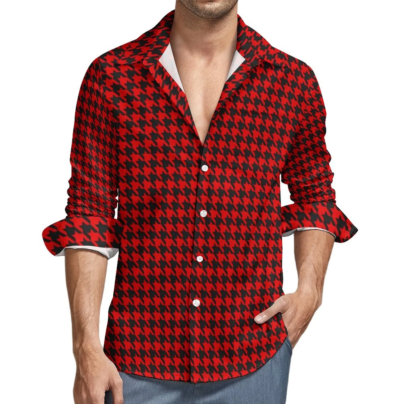 

Houndstooth Print Shirt Autumn Red And Black Casual Shirts Man Novelty Blouses Long Sleeve Graphic Y2K Clothing Large Size