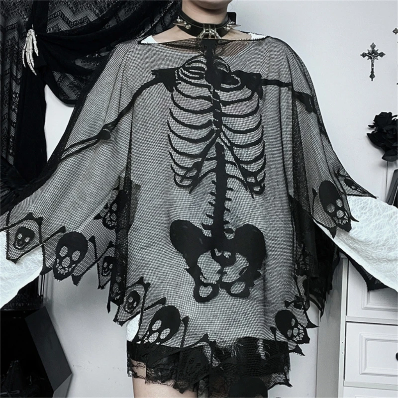 

Halloween Theme Party Skull Lace Shawl for Female See Through Skeleton Cape Women Gothic Party Accessories Stage Props